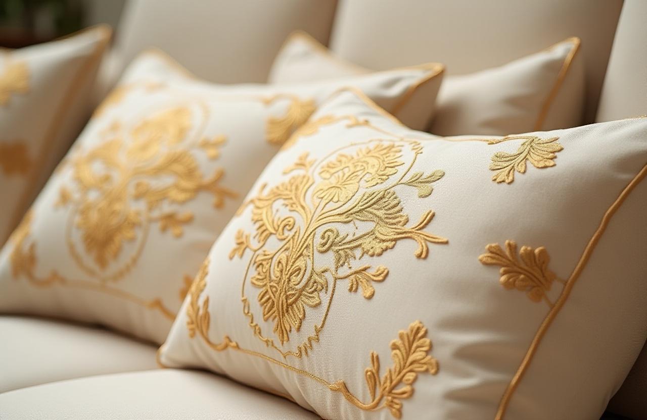 Detalle de cojines con bordados dorados sobre un sofá de lino